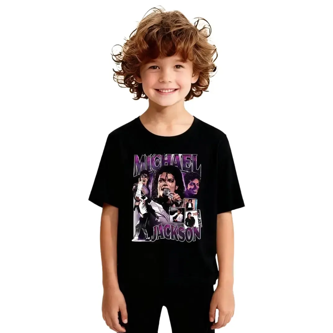 Kids' Graphic T-Shirt with Michael Jackson Print, Soft Cotton Crew Neck for Boys & Girls, Universal Lightweight Summer Wear