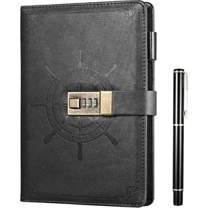 Black Journal with Lock, Refillable Faux Leather Lock Diary Notebooks Planner Organizer with Pen, A5 College Ruled 210 Lined Pages Locking Journal Notebook