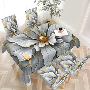 5pcs/7pcs Tablecloth and Chair Cover Set, Luxury Gray & Gold Floral Printed Tablecloth and Chair Cover Set, Stretch Chair Slipcover Combination for Dining Table Decoration, Marble Pattern Suitable for Restaurant / Kitchen / Banquet, 2D Flat Printing