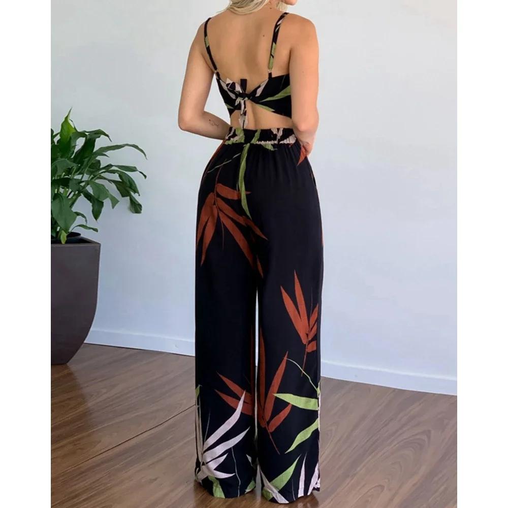 Tropical Print Spaghetti Strap Casual Lace up Back Top &High Waist Pants Set