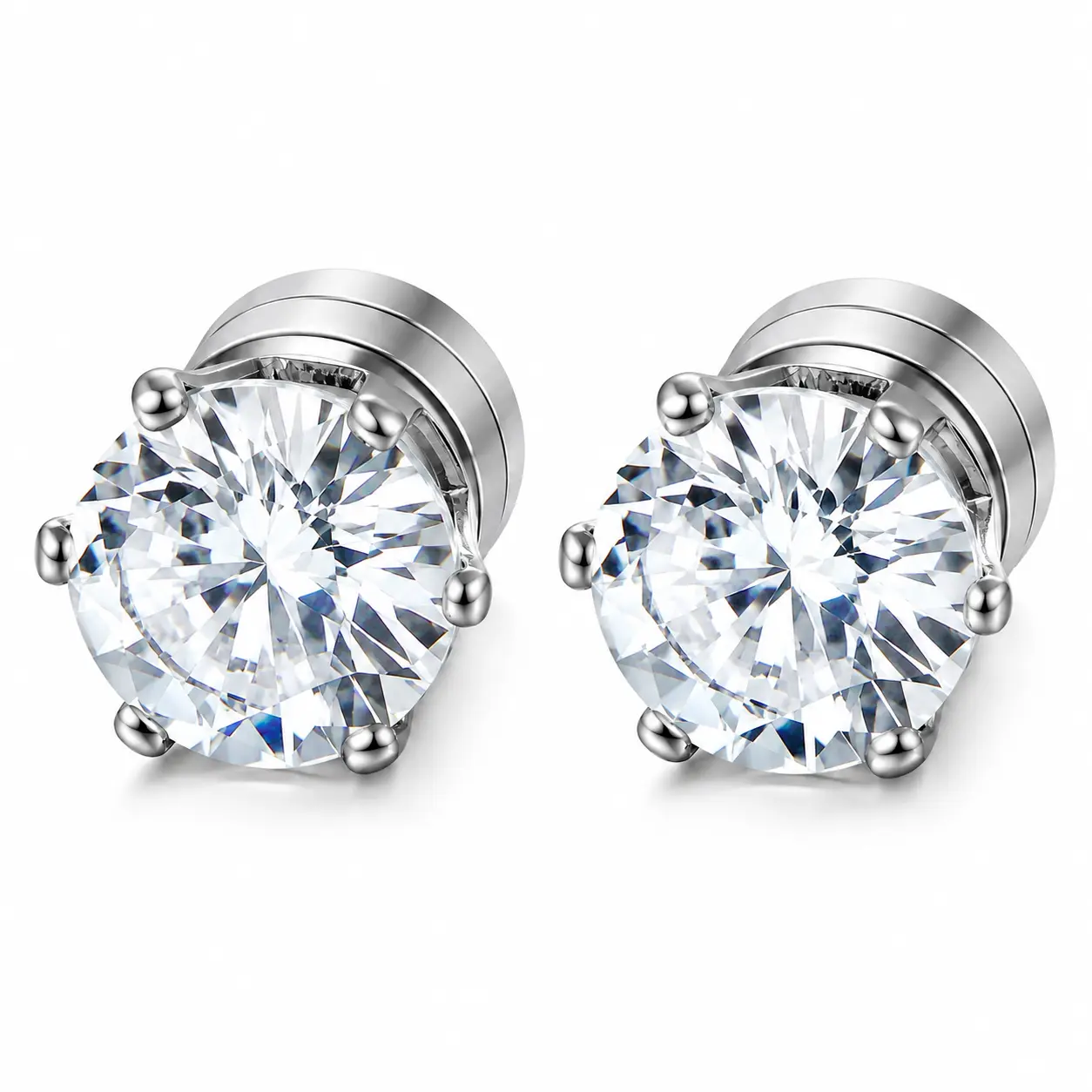 8MM Magnetic Stud Earrings, Silver Tone 6-Prong Round Cubic Zirconia Non-Piercing Earrings, Sparkling CZ Crystal Fake Ear Studs, Lightweight Clip-On Magnetic Earrings for Women Men, Hip Hop Fashion Jewelry