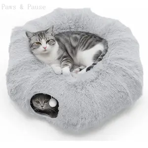 Cat Tunnel Bed for Indoor Cats Cave Donut Play Tunnel with Soft Plush Peekaboo, Circle Cushion, Washable Multifunctional Playground Under Tree Pet Toys for Kittens, Puppy Rabbit, Ferret - Grey