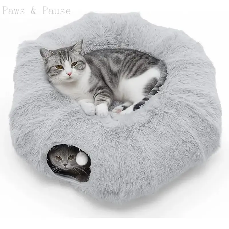 Cute Donut Shape 3-in-1 Grey Cat Tunnel Bed - Indoor Play Pet Cave with Soft Plush Peekaboo Hole, Circular Opening, Cardboard Tubes, Detachable Machine Wash Cushion, High-Quality Fabrics for Anxiety Relief (Kittens)