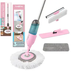 True & Tidy Round Clean Everywhere Smooth Spray Mop Kit Cleaning Microfiber, with Different Heads. Soft and Adjustable Brush Pad Brush Pad Brush Pad mop Multicolor Pink