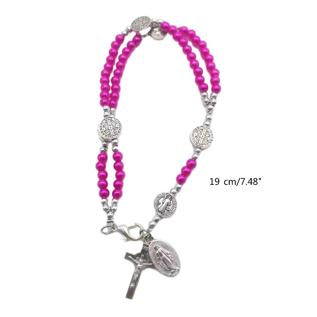 Catholic Cross Finger Chain Pearl Beaded Rosary Bracelet for Christening Gift