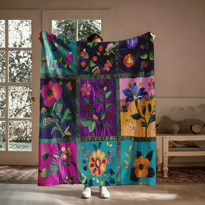 Vibrant Abstract Floral Flannel Throw Blanket, Super Soft Warm Boho Flower Throw, Ideal Holiday Gift for Her, Suitable for Couch Travel & Dorm