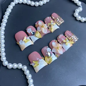 Handmade Short Duckbill Nails, Nude Gradient French Tips, Cross Butterfly Small Diamonds Heart Peach Nail Art Decorations