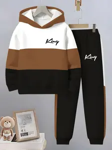 Boys Fashion King Pattern 3D Printed Casual Hoodie Set, Athletic Tracksuit Set, Long Sleeve Sports Wear, Spring Fall Winter Outdoor Hoodies, Fitted Style