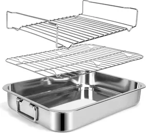 15.5" Stainless Steel Rectangular Roasting Pan with Handles, Heavy Duty Oven Baking Pan with 2 Racks, Dishwasher Safe Lasagna Pan for Turkey Chicken, Silver