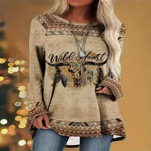 Plus Size Boho Tunic Top FC17756 Vibrant Letter Cow & Geometric Prints Flowy Long Sleeves Round Neck Western-Inspired Style for Curvy Women Casual Knitwear Spandex