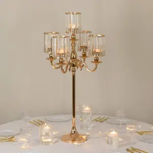 Gold Metal 5-Arm Candelabra with Crystal Pendant Glass Shades – 40" Tall Candle Holder for Pillar, LED, and Flameless Candles
