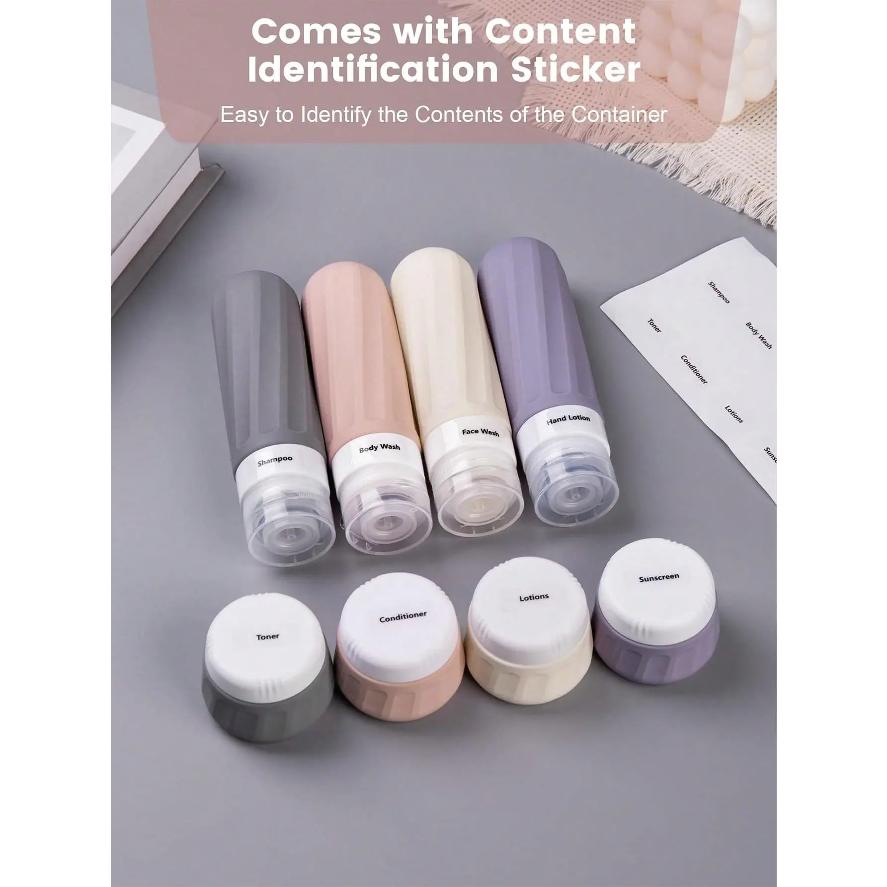 8-Pack Travel Toiletries Organiser Set - TSA-Approved 3oz Silicone Squeeze Bottles, Cosmetic Bottles, Clear Essentials Bag, Leak-Proof for Skin Care Subpackaging