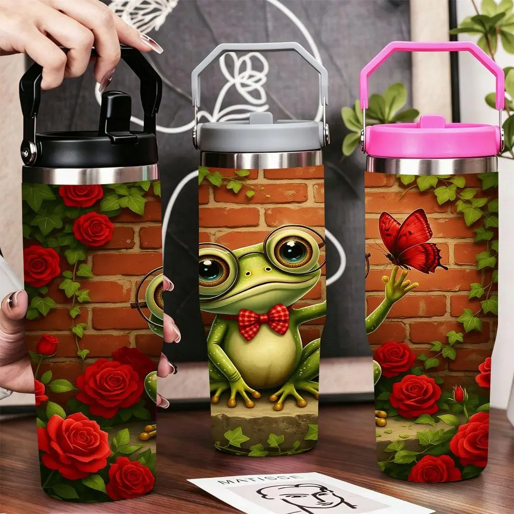 Cartoon Green Frog with Glasses Red Butterfly Roses Stainless Steel Tumbler with Lid & Straw | 40oz 30oz 22oz 20oz 12oz Double Wall Vacuum Insulated Cup, Keeps Cold & Hot, Leak Proof BPA-Free Travel Mug for Gym Office Car