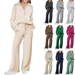 Women's casual two-piece sportswear, half zip pullover sweatshirt and wide leg pants with drawstring, paired with top and sweatpants, comfortable