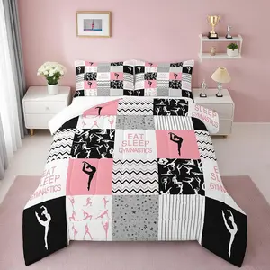 Gymnastics Girls Comforter Set,Pink Black Geometric Plaid Bedding Set, Kids Women Gymnast Youth Bedroom Sports Dancing Quilt Set,Modern Stripes Duvet