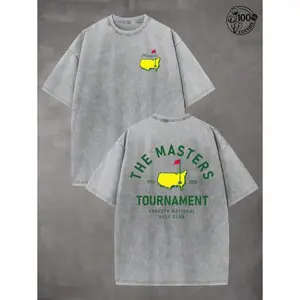 "THE MASTERS" golf pattern unisex washed T-shirt, high-quality printed T-shirt in washed cotton, men's summer clothing, comfortable T-shirt, suitable for street retro and outdoor sports casual wear, Y2K style clothing, sports T-shirt