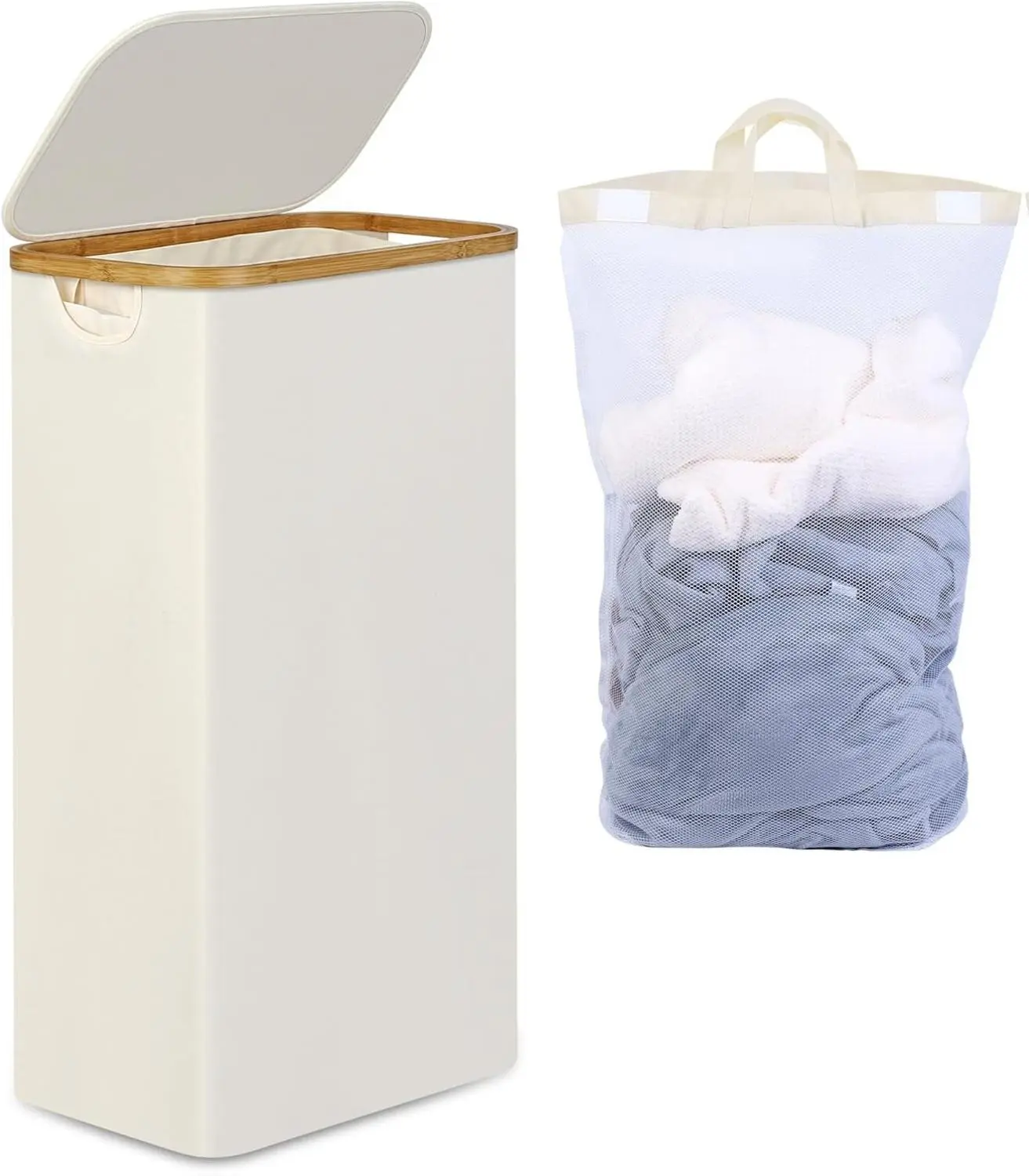 Slim Laundry Basket with Lid, Narrow Laundry Hamper with Removable Bag, Skinny Dirty Clothes Basket with Bamboo Handles for Bathroom, Bedroom & Laundry Room, 75L Beige