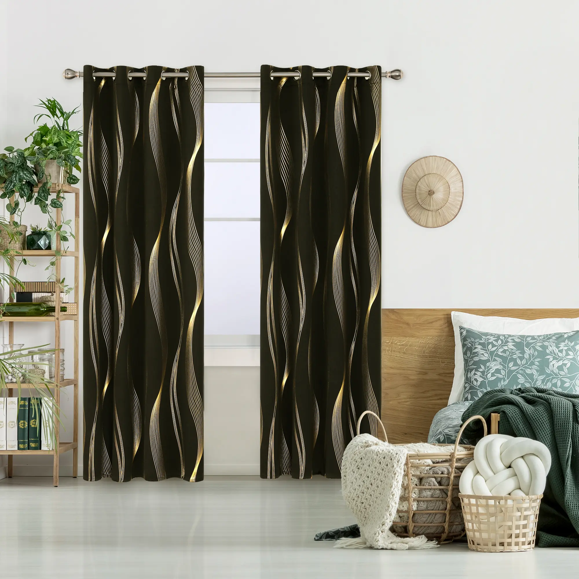 Deconovo Wave Striped Golden Foil Pattern Curtains - Luxurious Foil Shine Blackout Window Cover, 2 Panels with 8 Grommets, 52in Width Window Hanging, Ideal for Bedrooms, Room Decor Curtain