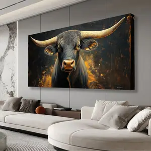Modern Black Bull Framed Canvas Wall Art, BlackBull With Golden Horns, Dramatic Realistic Portrait, Retro Wall Art,Suitable For Living Room, Bedroom, Kitchen, Bathroom Wall Art Decoration, Modern Wall Decoration