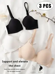 3-piece set, solid color simple underwire push-up bra, Everyday comfortable lift and shaping, back clasp and adjustable shoulder strap design, breathable design for daily wear