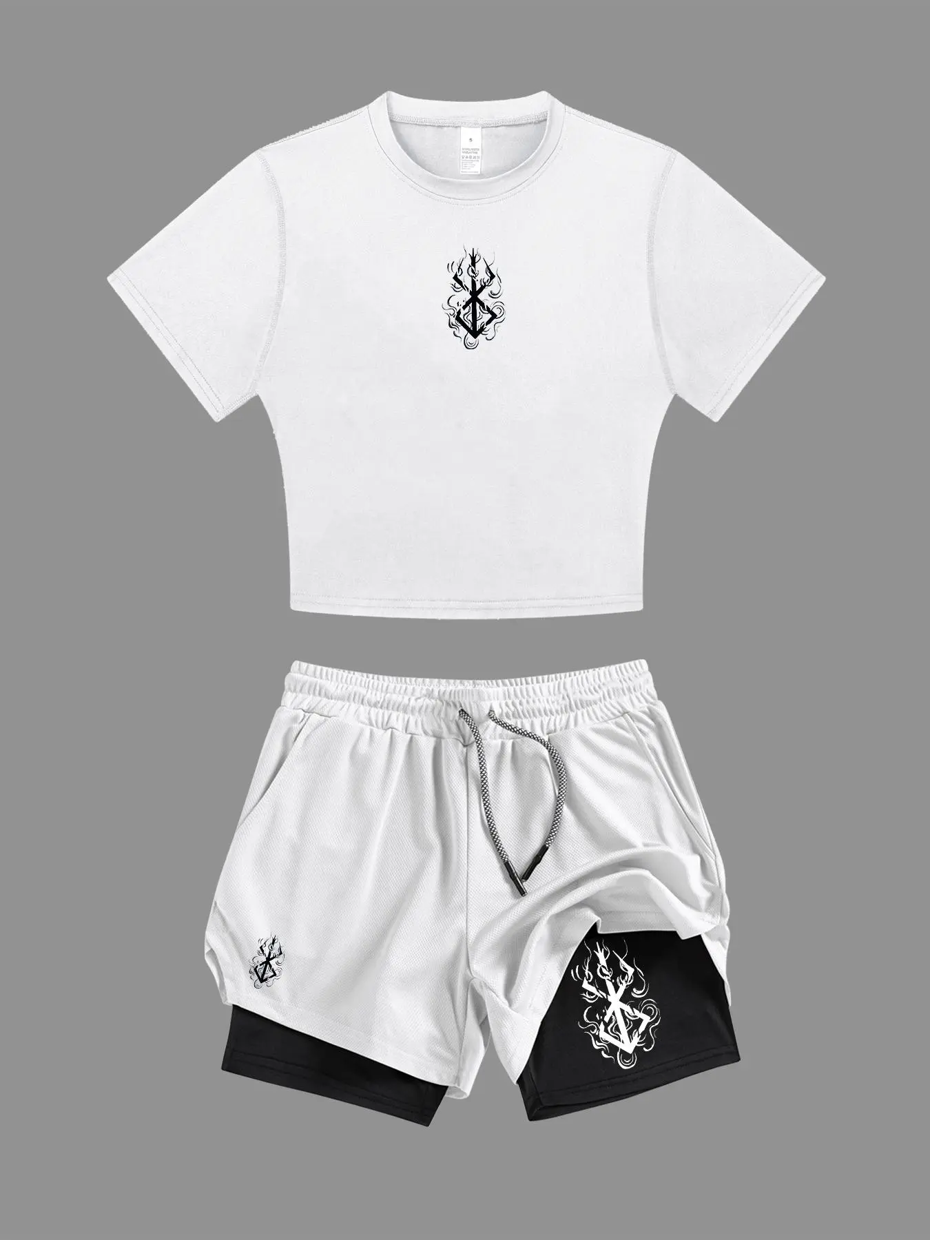 Two-Piece Set Women's Graphic Crop Tee & 2 in 1 Double Layer Shorts Sportswear Set, Sporty Round Neck Short Sleeve T-Shirt & Track Shorts, Ladies Summer Sportswear, Activewear Workout Set, Activewear Shorts Sets
