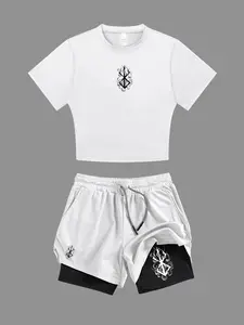 Two-Piece Set Women's Graphic Crop Tee & 2 in 1 Double Layer Shorts Sportswear Set, Sporty Round Neck Short Sleeve T-Shirt & Track Shorts, Ladies Summer Sportswear, Casual Gym Wear, Sports Clothing Set, Activewear Clothing, Athletic Workout Clothing