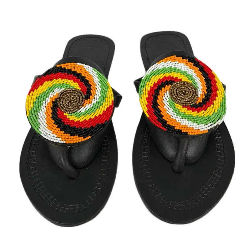Beaded Swirl Design Black Sandals with Colorful Bead Patterns and Black Sole
