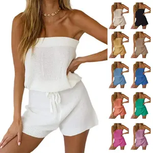 Imily Bela Womens Comfort Summer Jumpsuits Casual Fitted Loose Sleeveless Off Shoulder Elastic Waist Romper Loungewear Lady Two Piece Outfit