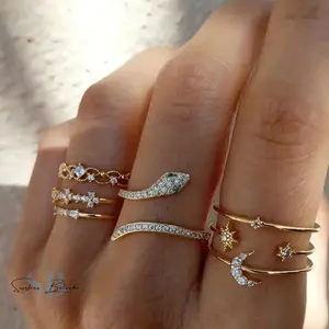 Green Eyed Snake Diamonds and Gold Boho Ring Set