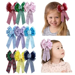 JoyBowie 9pcs 7inch Assorted Plaid Hair Bows for Girls, Cute Gingham Hair Accessories Set New square grid 12 bow overlapping pull flower New square grid 12 bow overlapping pull flower
