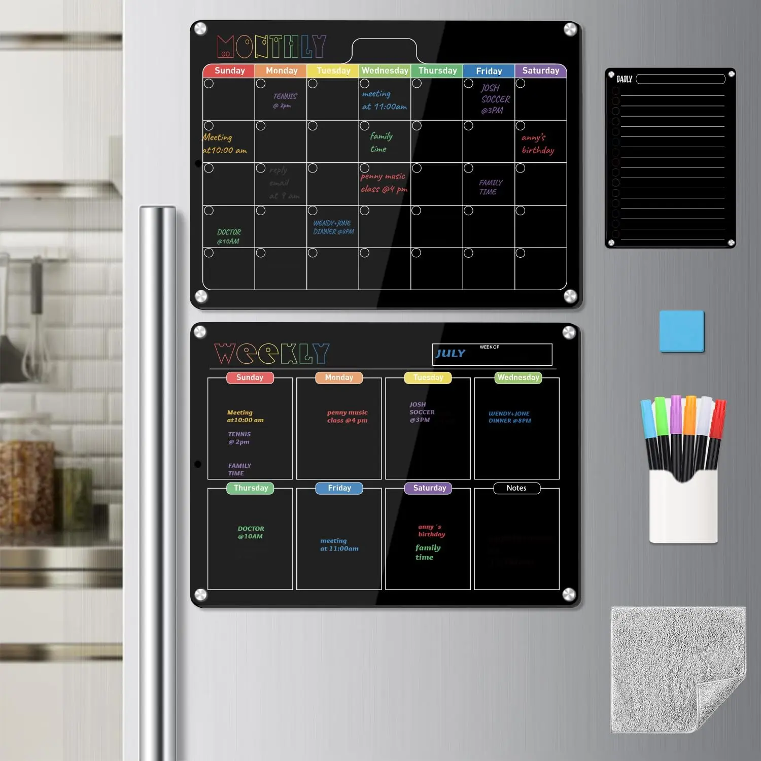 QIUCHAN 3-Pack Black Acrylic Magnetic Dry Erase Boards Set - Monthly Planner Magnet, Weekly Calendar, Daily Notepad for Refrigerator, Wall Organization (Computers & Office Stationery)