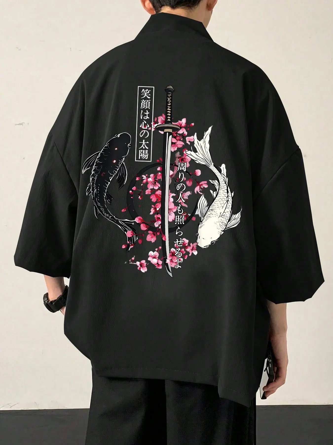 Men's Japanese Street Style Cultural Kimono Cardigan, Front-Opening Casual Coat with Koi, Cherry Blossom, Samurai Sword Graphic Print, Lightweight Loose Fit