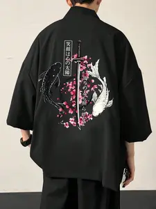 Men's Japanese Street Style Cultural Kimono Cardigan, Front-Opening Casual Coat with Koi, Cherry Blossom, Samurai Sword Graphic Print, Lightweight Loose Fit