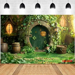 Photography Background Fairy Tale House Dwarf Plant Vine Gold Coin Wooden Bucket Birthday Party Decoration Backdrop