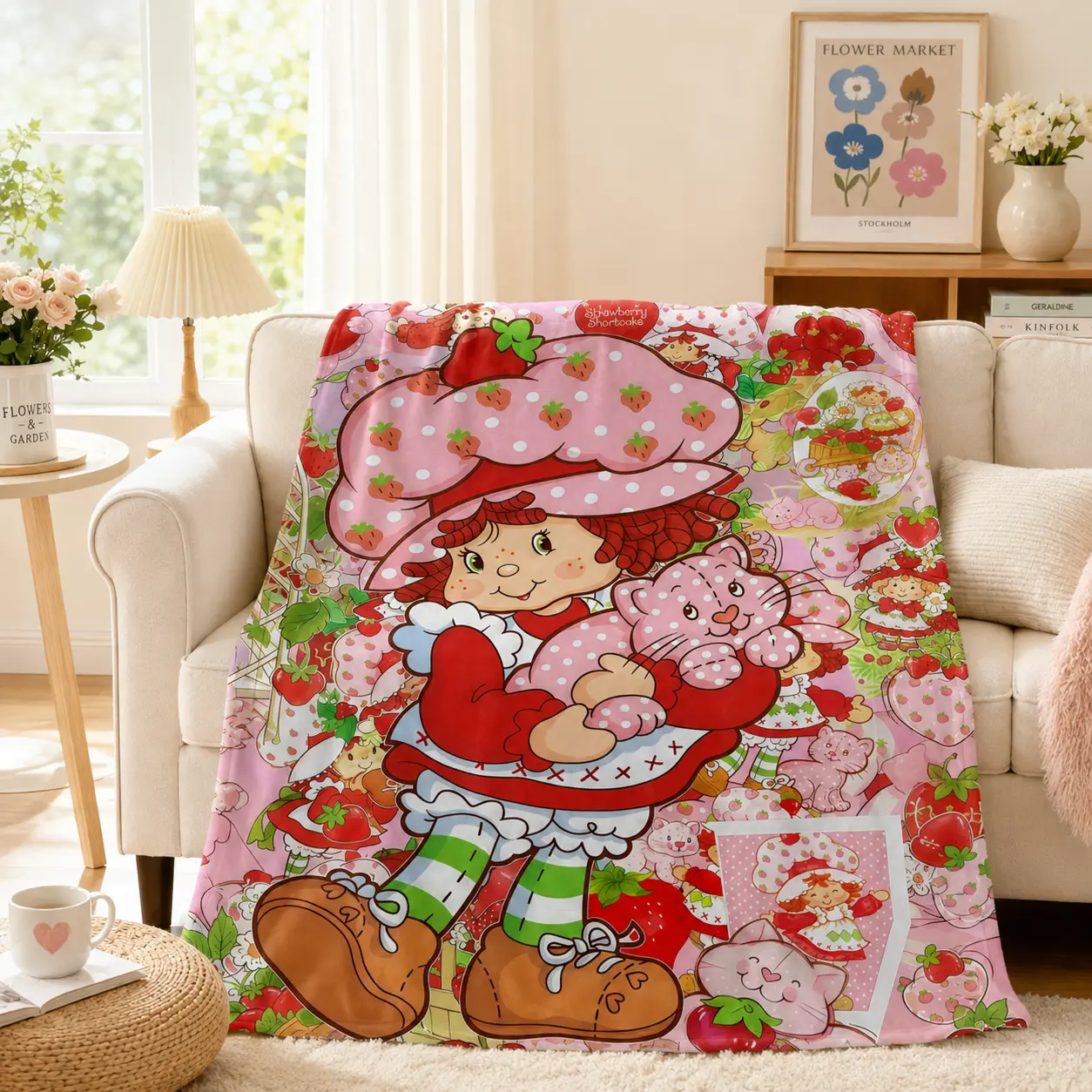 Funny Pink Strawberry Flannel Blanket Cute Strawberry Girl Cartoon Print Soft Cozy Lightweight Throw Blanket For Bed Couch Sofa Bedroom Nursery Kids Room Aesthetic Home Accessory Birthday Gift For Girls Kids