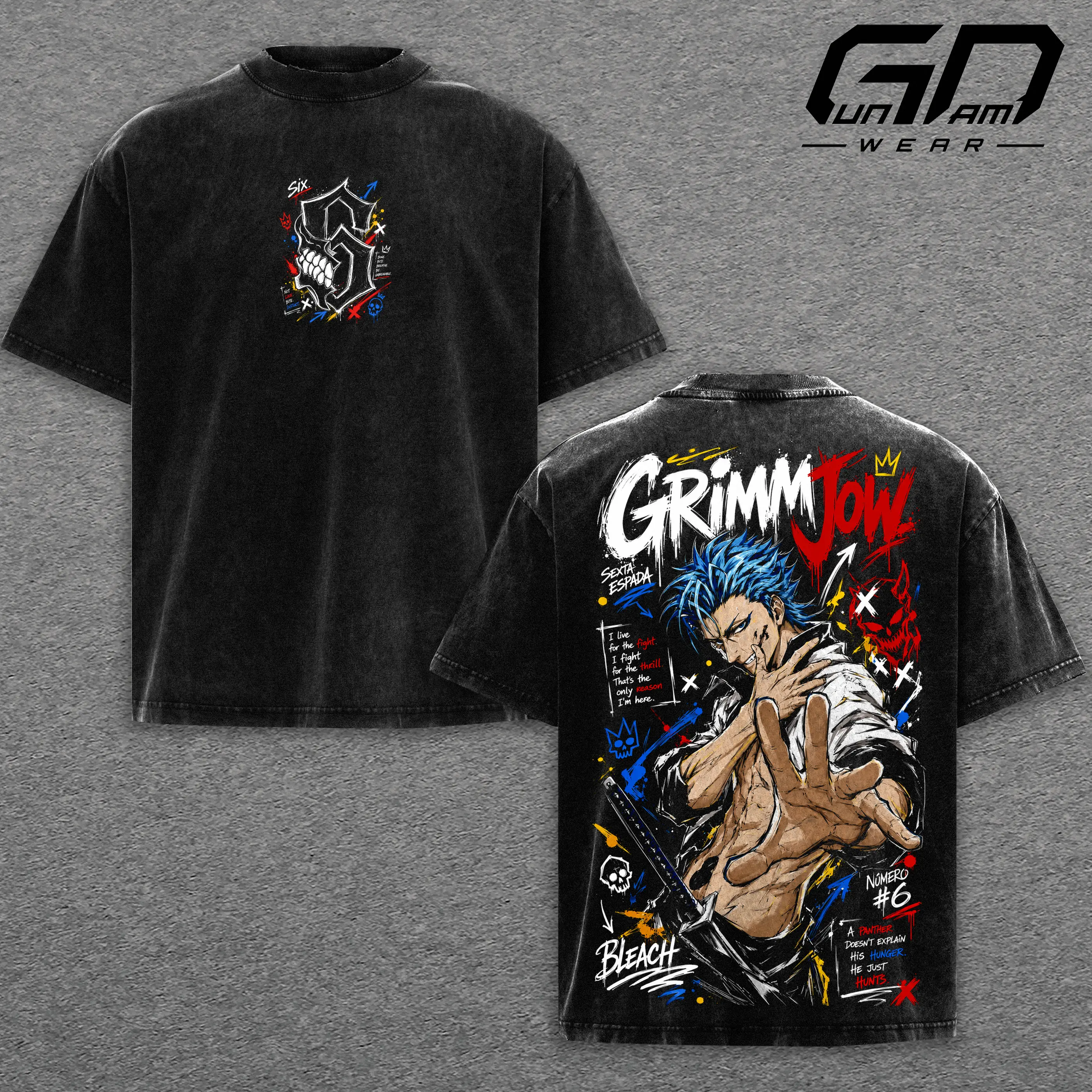 Grimmjow Jaegerjaquez Bleach Vintage Wash T-Shirt, Sexta Espada Anime Graphic Tee, Shonen Manga Streetwear, Oversized Short Sleeve Top, Double Side Print, Unisex Cotton Distressed Tee, Merch For Men, Men Fashion Graphic Tee, Gift For Fans