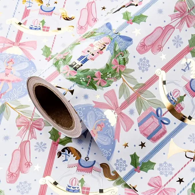 WRAPAHOLIC Nutcracker Christmas Wrapping Paper Roll Gift Wrap with Gold Foil Nutcracker, Unicorn and Christmas Tree Designs, Cute Christmas Wrapping Paper for Girls, Kids, Winter Holiday Gifts, Xmas Party,17 Inch x 16.5 Feet