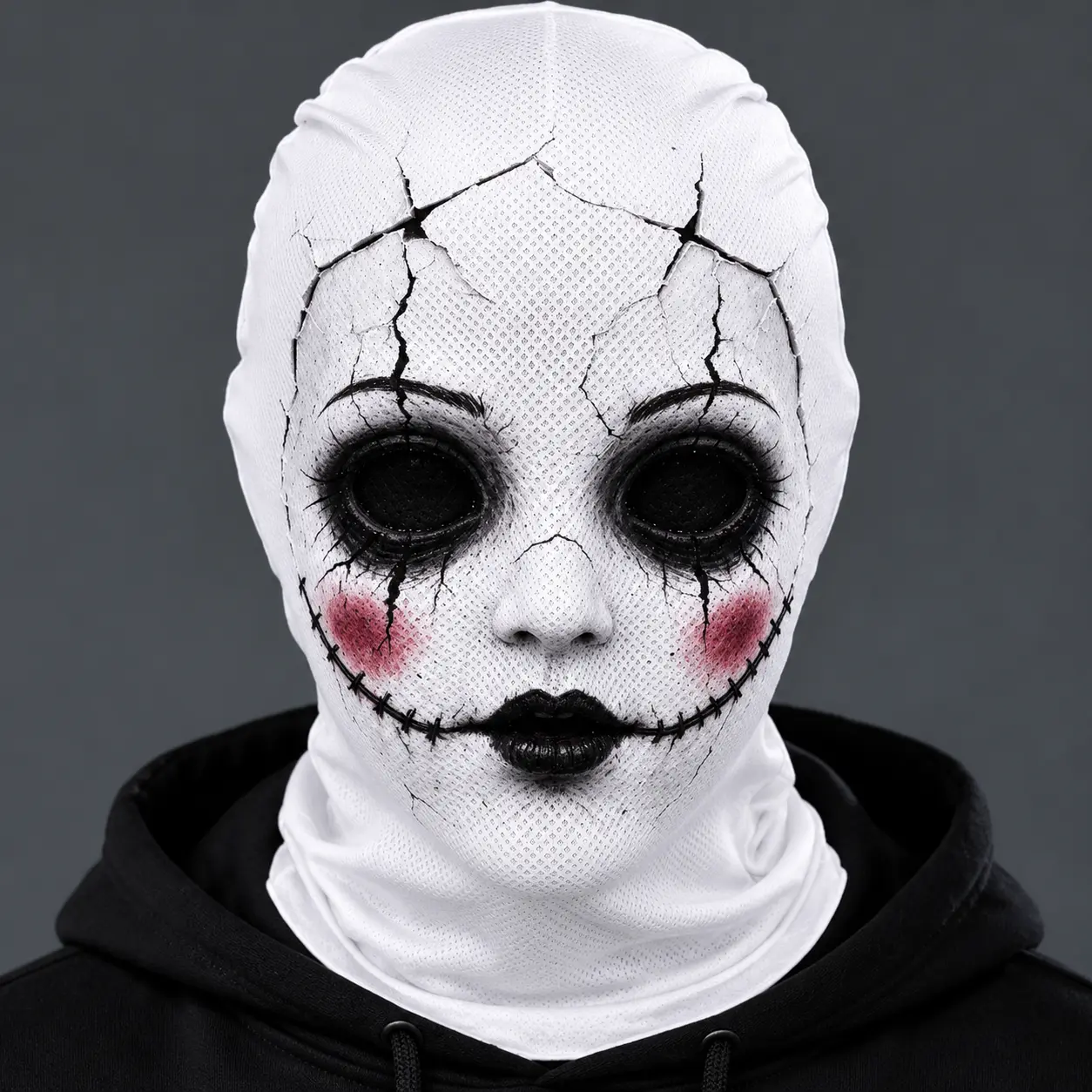 Flat Printed Breathable Mesh Cracked Porcelain Doll Full Head Cover, Creepy Stitched Mouth Horror Balaclava, Spooky Season Halloween Cosplay Masquerade Costume Face Mask for Adults