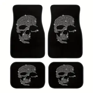 4pcs Skull Pattern Car, Truck Floor Mats - Non-Slip, Durable, Easy to Clean, Easy to Install - Suitable for Sedans, SUVs, Front and Rear, Enhance Car Interior, Unisex Holiday Gift, Polyester Fiber Material, Skull Design