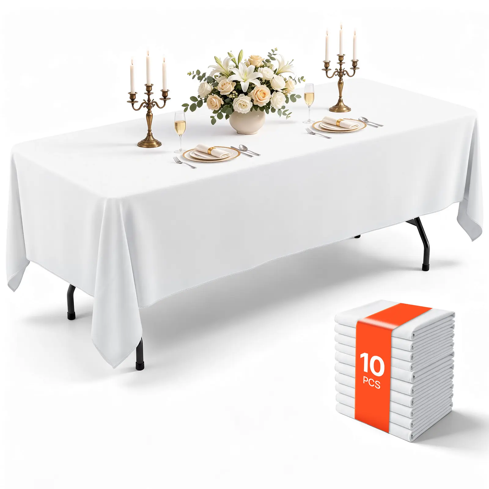 VEVOR Rectangular Tablecloths, 60 x 102 in 10 Pack, White Polyester Covers, for Party Wedding Banquet Festival, Washable, Reusable Table Cloth with Brushed Fabric, Neat Hems, Smooth Drape