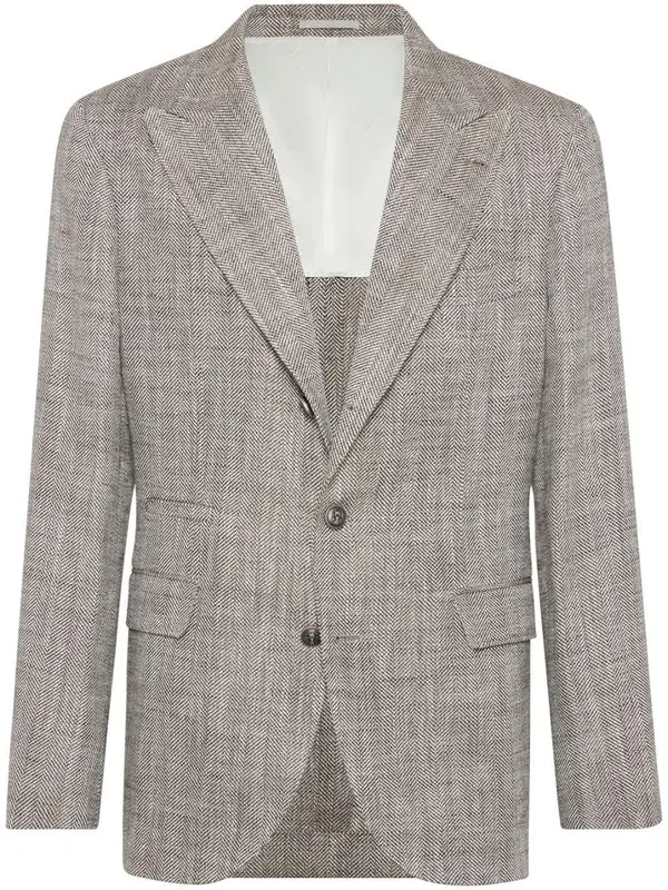 BRUNELLO CUCINELLI MEN'S LIGHT BROWN SILK LINEN BLAZER