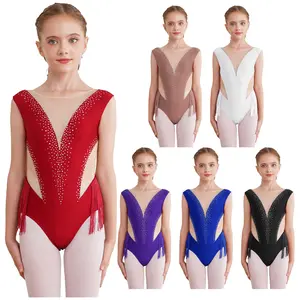 easyforever Kids Girls Shiny Rhinestone Tassel Gymnastics Leotard Sleeveless Mesh Spliced Bodysuit Skating Jumpsuit