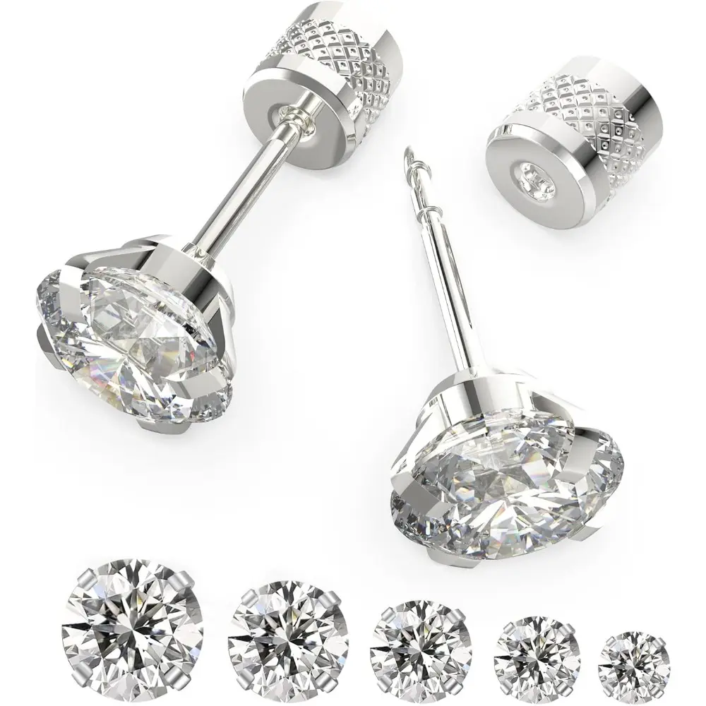 5/6 pairs Push-in Flat Back Stud Earrings Hypoallergenic Surgical Stainless Steel Cubic Zirconia Earrings Studs Set Multi-Pack, CZ Stud Earrings for Women Men Trendy Cartilage Stud Earrings 2-8mm