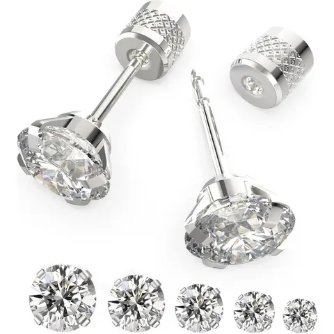 Unisex Push-in Flat Back Earring Stacking Set - 5-6 Pairs Hypoallergenic Surgical Stainless Steel Jewelry with Cubic Zirconia, 2-8mm, for Men's Accessories, Daily to Party Bold Looks (1 Set)