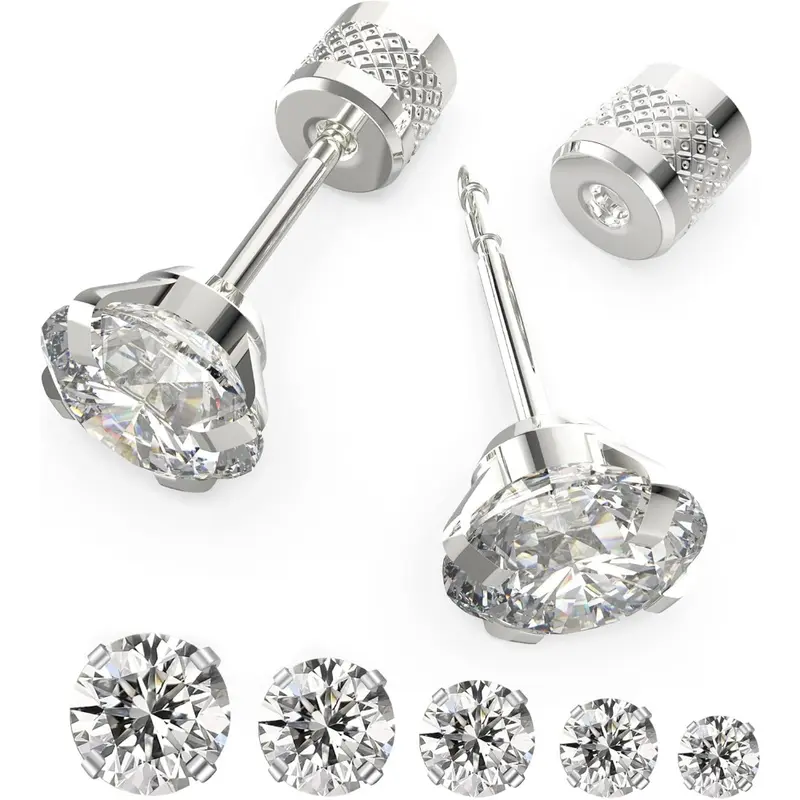 Unisex Push-in Flat Back Earring Stacking Set - 5-6 Pairs Hypoallergenic Surgical Stainless Steel Jewelry with Cubic Zirconia, 2-8mm, for Men's Accessories, Daily to Party Bold Looks (1 Set)