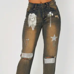 Women's Brown Denim Pants with Dreaming Rhinestone Fringe Detail - Trouser, Bottom