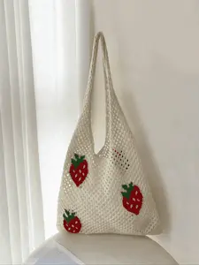 Fashion Women Strawberry Pattern Crochet Bag Hollow Out Detail Vacation Style, Large Capacity Summer Beach Bag Casual Tote Bag