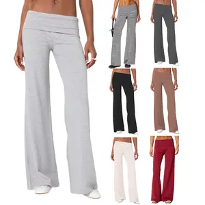 Women's Spring Summer Baggy Pants Foldover Waist Solid Color Loose Wide Leg Pants