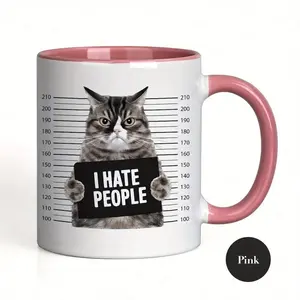 Whimsical Ceramic Coffee Mug, I Hate People Mugshot Cat Design, 11 Oz Capacity, Dishwasher Safe, Perfect Gift for Cat Lovers & Introverts