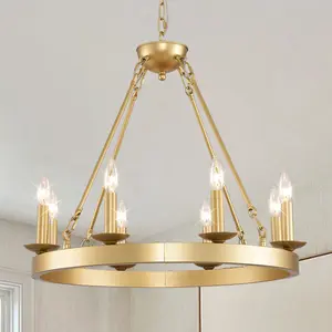 Wagon Wheel Chandelier Farmhouse Modern Small Round Chandelier for Living Room Kitchen Island Foyer Hallway Entryway Bedroom Dining Room Light Fixture Ceiling Hanging--Gold-E12--No Included Bulbs